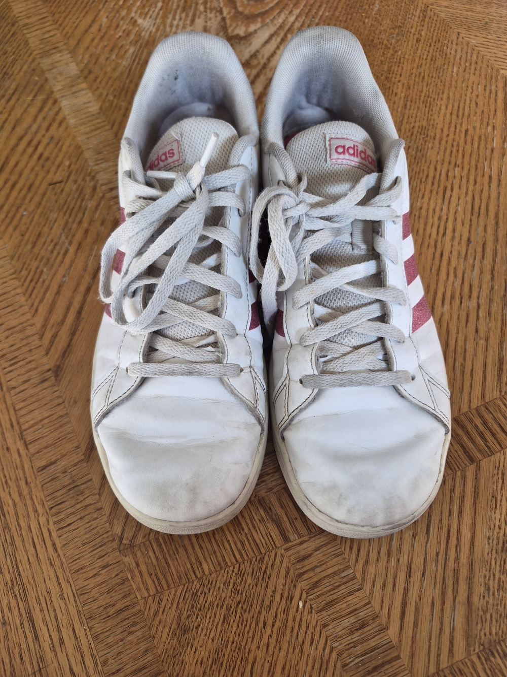 adidas White Sneakers with Pink Stripes